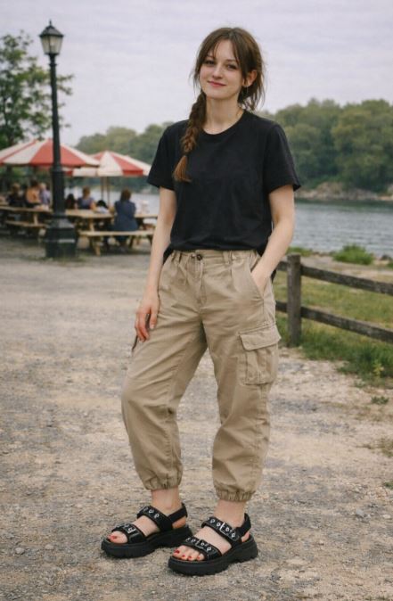 Femme assise avec sandales chunky noires mode coréenne
