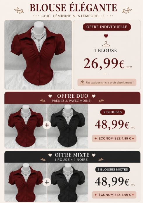 Blouse cintrée coréenne noir ou rouge photo bundle offres