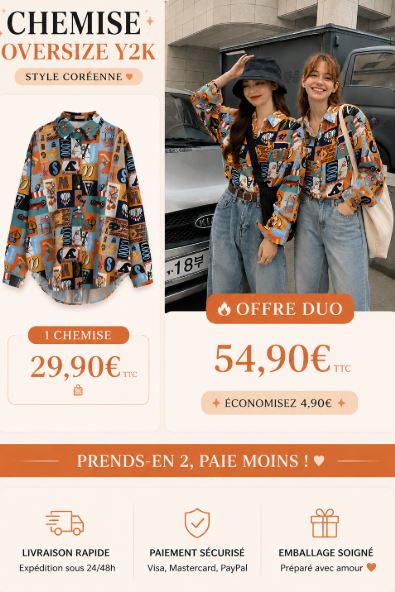 Chemise Coréenne Oversize Y2K offres bundle