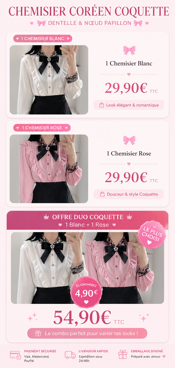 Chemisier Coréen Coquette Dentelle & Nœud Papillon bundle offres verticale
