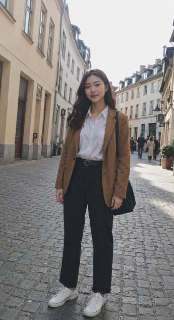 Jeune femme portant un blazer coréen chic dans une rue européenne