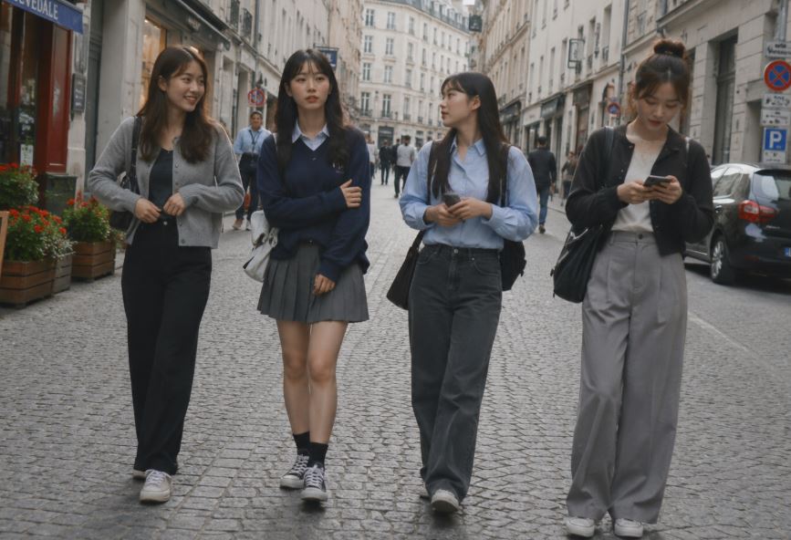 Jeunes femmes inspirées de la mode coréenne marchant dans une rue pavée européenne